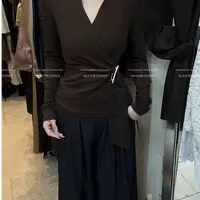 红色长袖针织衫女设计感绑带不规则交叉收腰v领打底上衣20754