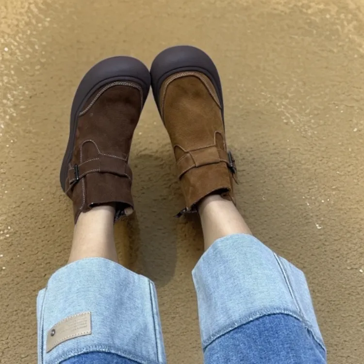 2255-1软底侧拉链加厚底头层牛皮软牛皮森系高帮复古风女短靴