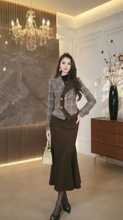 罗曼定制 高定原创格子拼色时尚厚款气质上衣+鱼尾半身裙两件套装