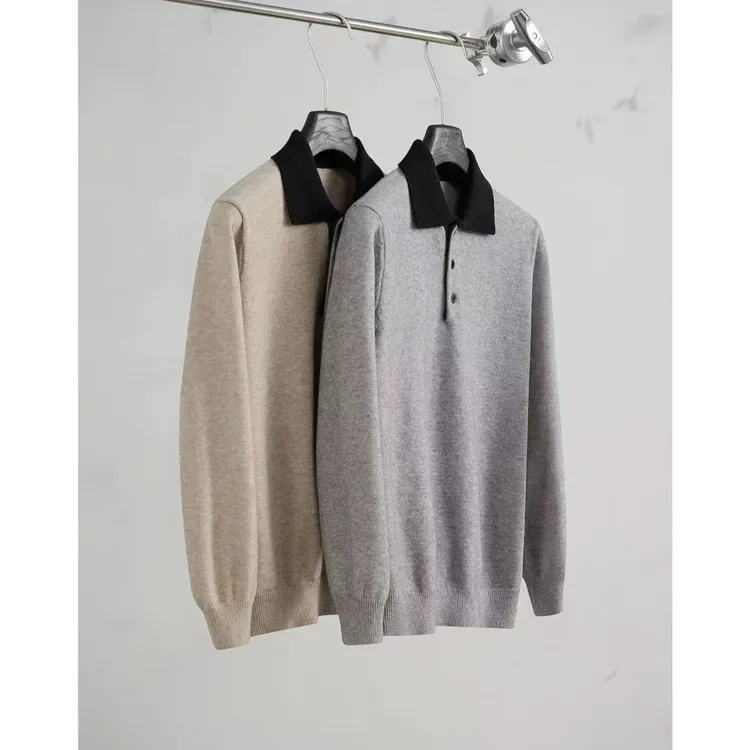 翻领男款针织撞色纽扣套头秋季针织衫毛衣长袖秋冬立领高级感上衣