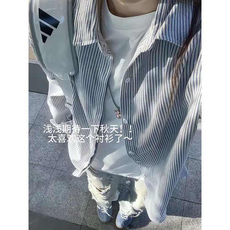 竖条纹长袖衬衫男女同款夏秋过渡宽松大码小众慵懒风通勤衬衣外套