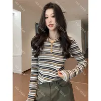 JIUJIU【交织恋歌】时尚百搭休闲条纹连帽秋冬设计感长袖T恤女