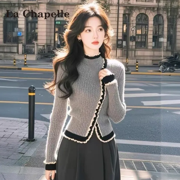 拉夏贝尔韩版气质花边毛衣女秋冬修身显瘦不规则温柔风上衣针织衫