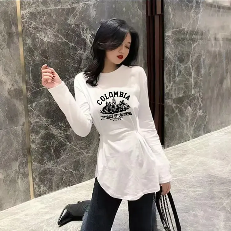 T恤女港风减龄小众中长款圆领长袖收腰打底衫不规则下摆小衫上衣