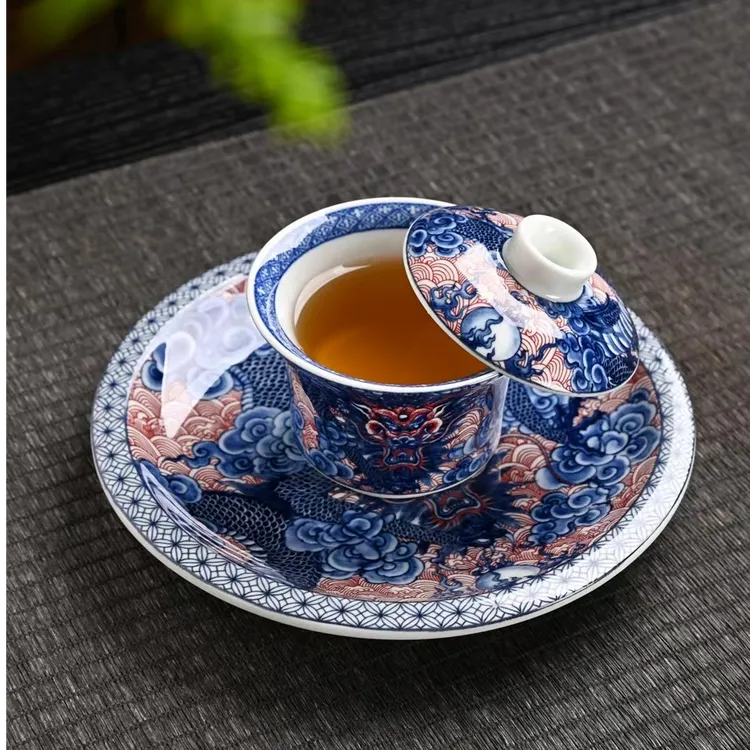 复古青花高档悬停陶瓷盖碗茶具三件套家用大容量壶承茶碗茶具器具