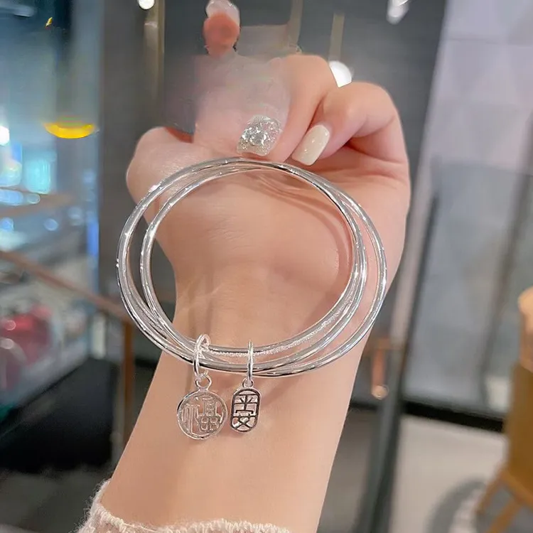 足银手镯 三生三世纯银手镯女平安福两世欢气质999镯子七夕礼物