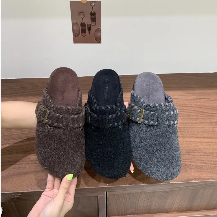 网红呢子厚底勃肯鞋拖鞋懒人毛毛鞋女外穿2025秋冬增高毛茸茸半拖