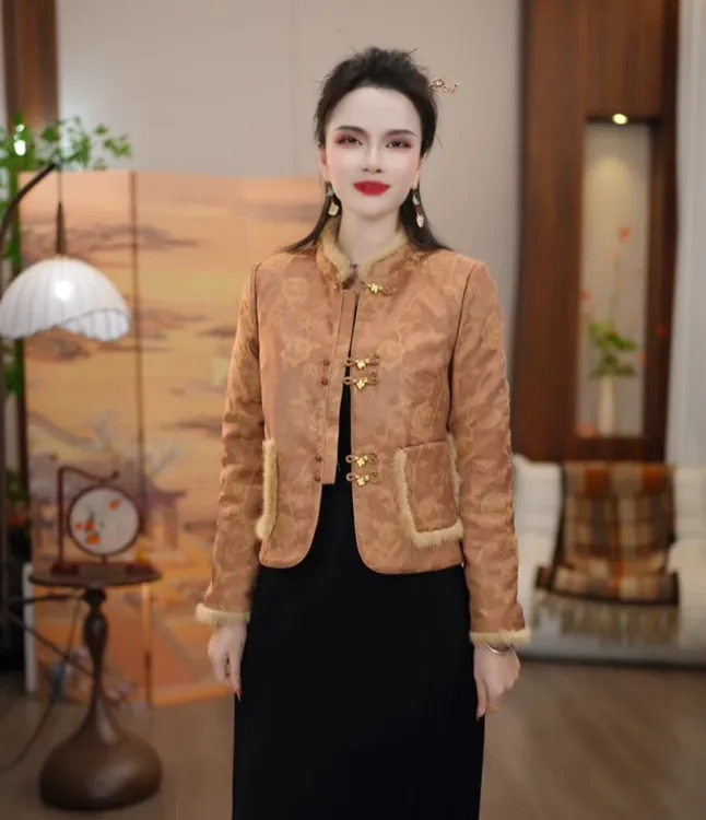外套新品上新2025冬款新中式橘色提花国风加厚保暖外套