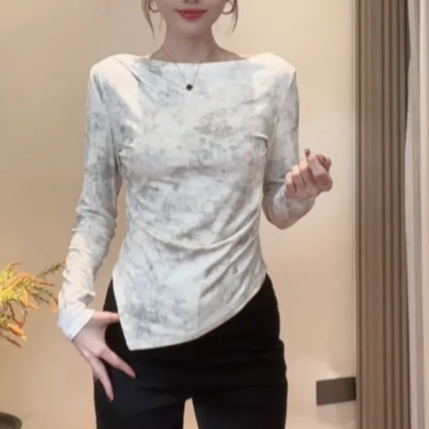 2025早秋新款长袖女短款扎染打底T恤一字肩打底衫内搭上衣女9045