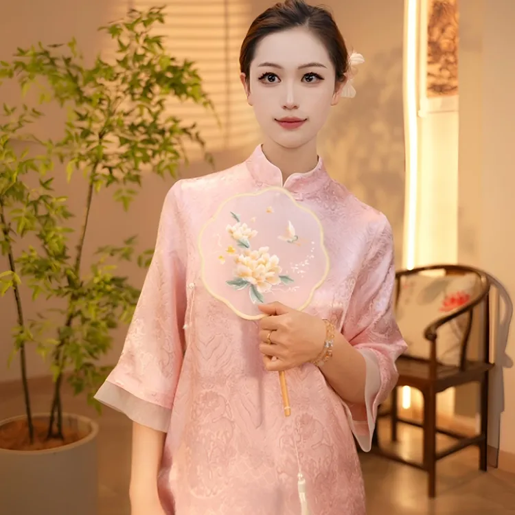 月夜浮华  杭丝锻重磅35姆米显瘦气质盘扣织花连衣裙DZ9933