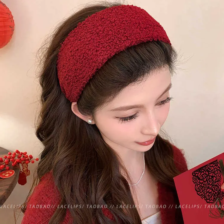新年红羊羔毛宽边发箍女冬日压发洗脸头箍高颅顶遮发缝显脸小头饰