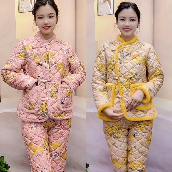冬季新款国风套装网红小花袄加绒加厚套装斜襟
