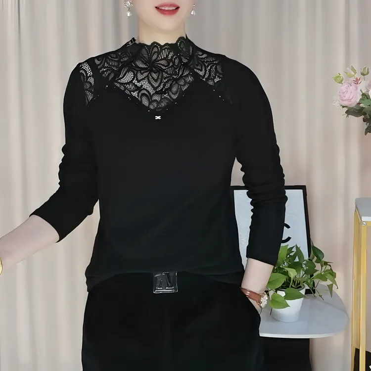 2025秋冬新款双面绒时尚减龄蕾丝领打底衫上衣小衫