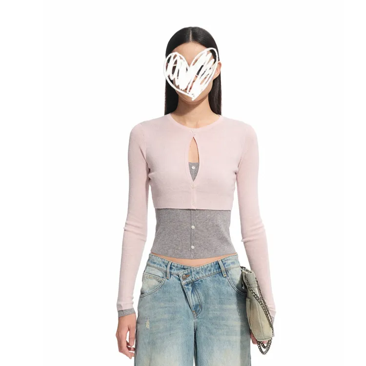 韩系时尚假两件层次拼接撞色休闲百搭修身显瘦上衣B1588