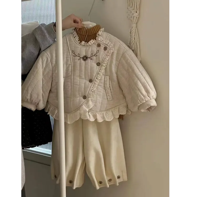 女童棉服套装冬季2025新款儿童韩版蕾丝花边刺绣加厚外套女孩保暖