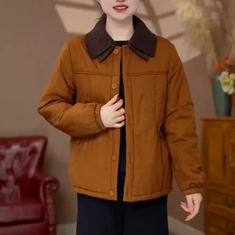 冬季新款加绒加厚翻领短款女休闲时尚百搭气质保暖棉服外套中老年