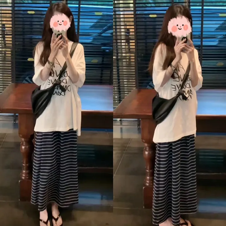【情绪】韩系印花字母T恤宽松百搭通勤显瘦上衣高腰条纹半身裙套装