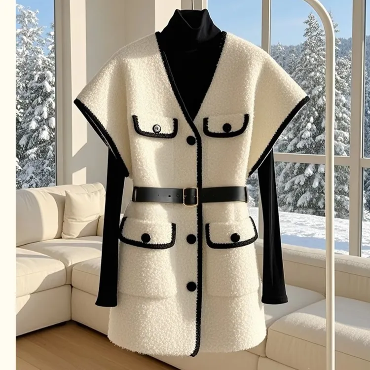 2025新高级感独特别致裙子女秋冬小香风叠穿白色毛毛绒背心连衣裙