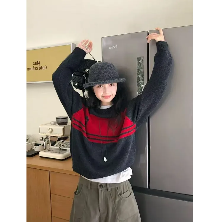 韩系设计感条纹圆领针织衫女毛衣早秋2025新款学院风显瘦小花上衣