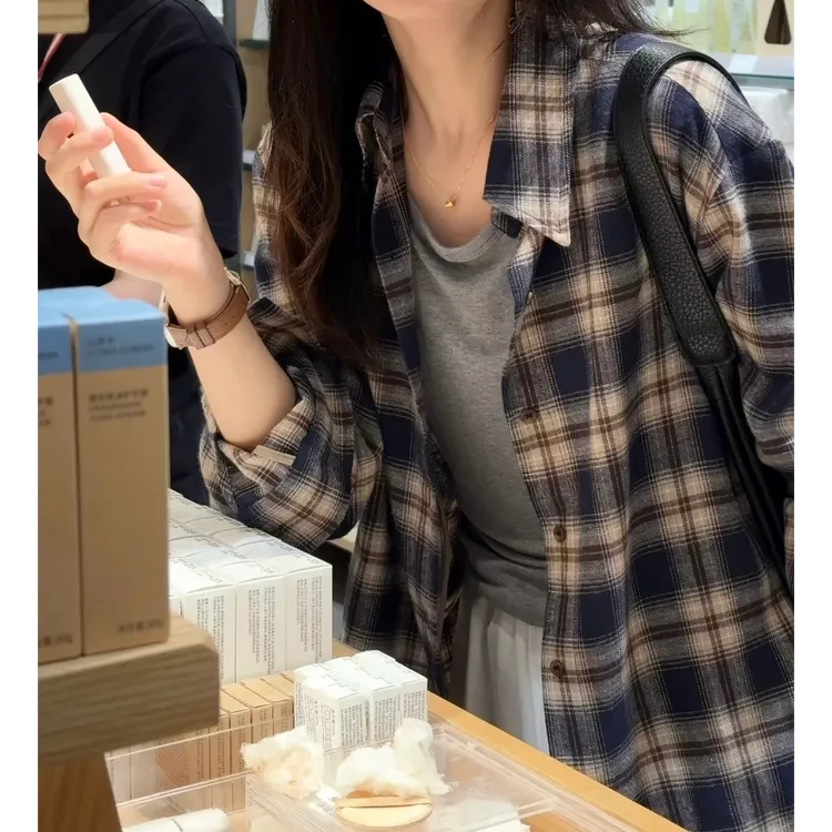 日系复古纯棉格子衬衫女2025秋季新款宽松百搭休闲长袖衬衣外套