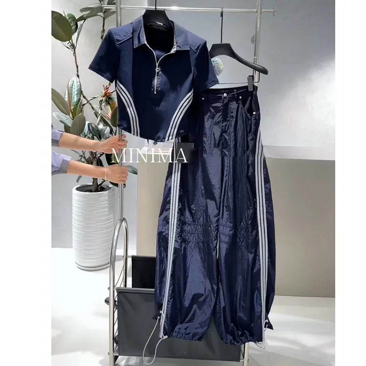 夏装搭配一整套高级感洋气减龄别致蓝色短袖工装束脚休闲裤套装女