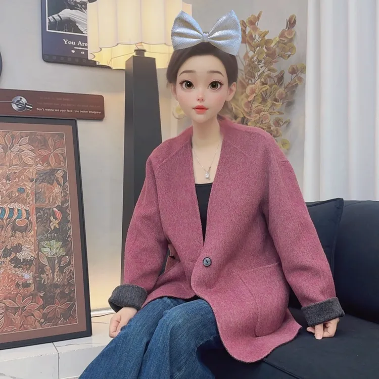 【HUIYING】秋冬宽松中长款正面双色双面穿羊毛大衣设计师韩版网红