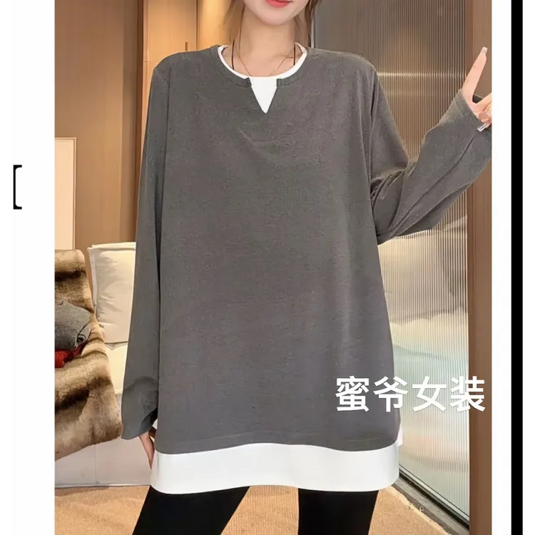 【蜜爷家】假两件V领大版加绒长袖T恤3263#