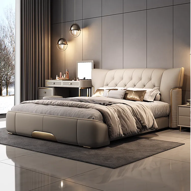 轻奢真皮床1.8米x2米主卧大床意式现代简约双人高端豪华婚床家用