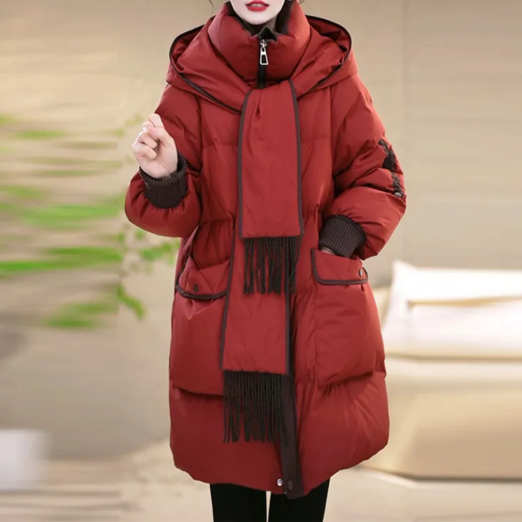 冬季设计感围巾连帽优雅百搭白鸭绒羽绒服M-XL