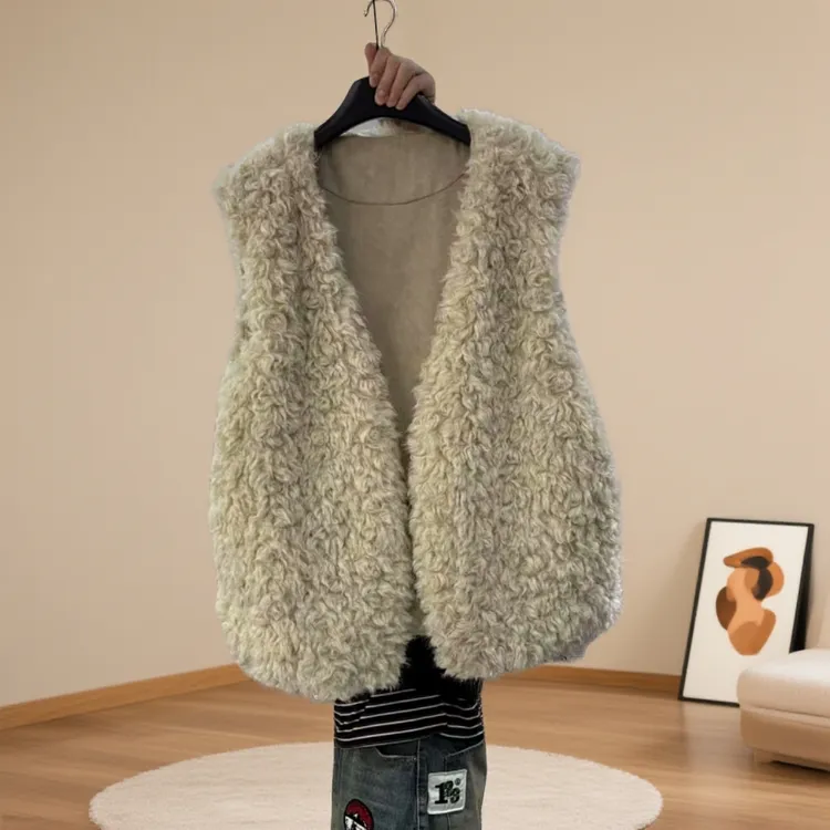 V领毛茸茸一体马甲外套女冬季无袖宽松百搭显瘦毛绒背心坎肩马夹