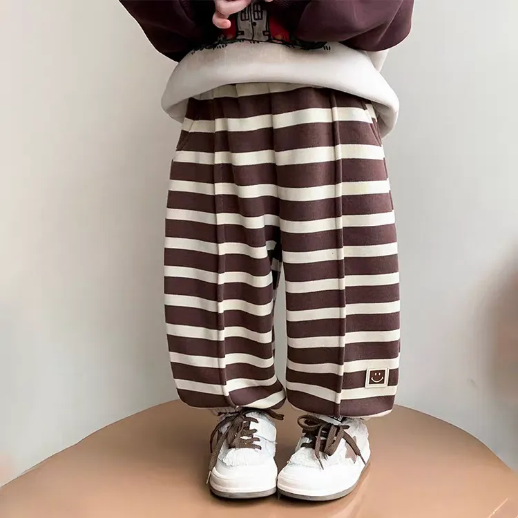 女童秋冬裤子2025新款女宝宝棉质条纹加绒卫裤儿童宽松外穿束脚裤