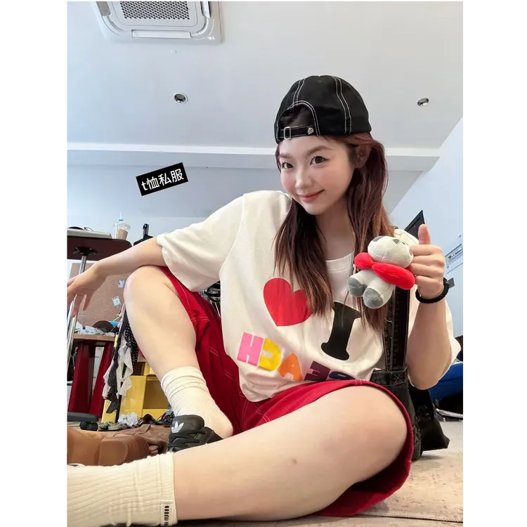 晶咕【私服T】韩系彩色字母图案圆领宽松短袖T恤上衣