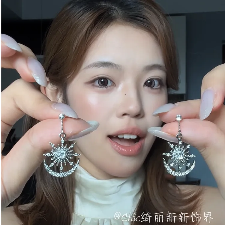 合金亚克力耳饰 欧美金属满钻星月耳钉简约个性小清新时尚耳饰