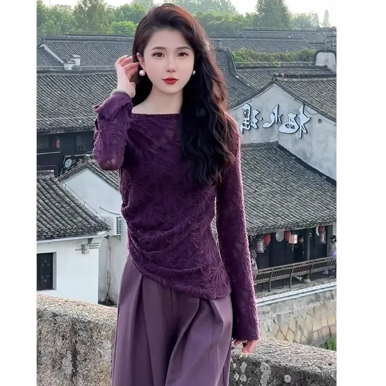 气质一整套入秋穿搭国风竹叶提花纯欲风不规则紫色上衣阔腿裤套装