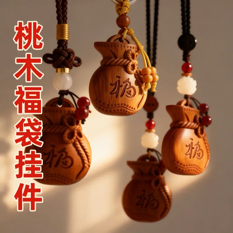 【普陀禅品】2026马年普陀手作桃木福袋财库进宝福禄生肖汽车挂件商品图