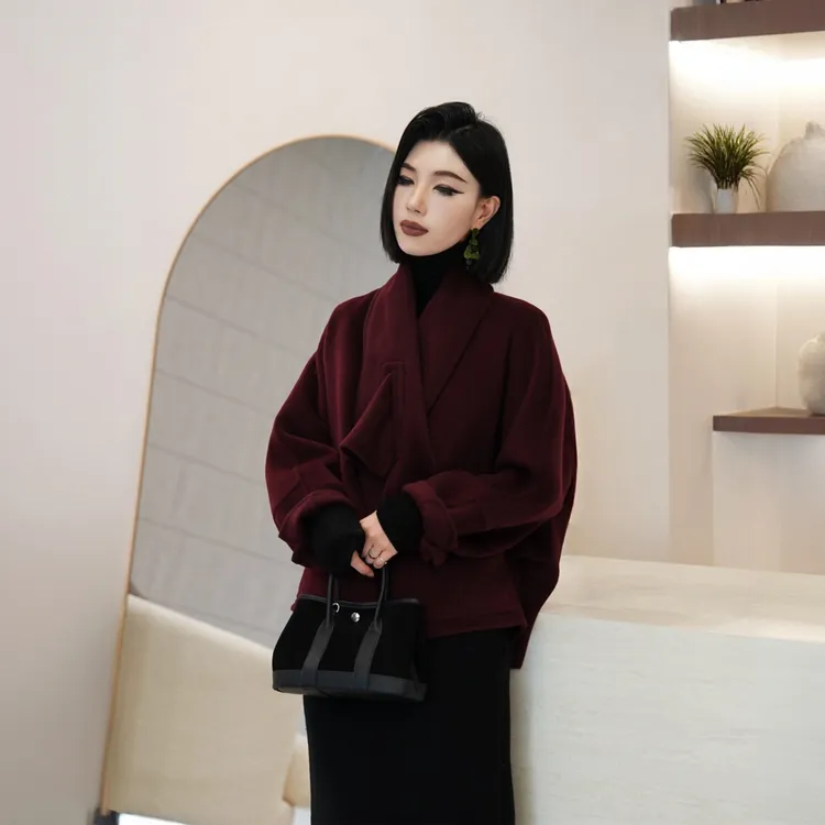 POPULARYW【越山青】Z·R上品屋气质V领设计感三粒扣围巾大衣外套