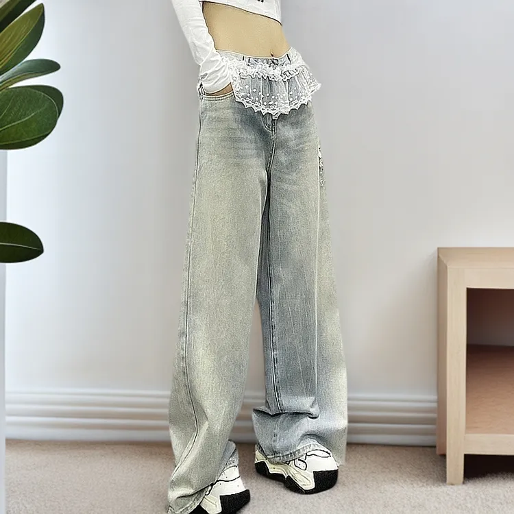 2025秋季流行新款爆款小众高腰显瘦蕾丝花边拼接牛仔长裤女阔腿裤
