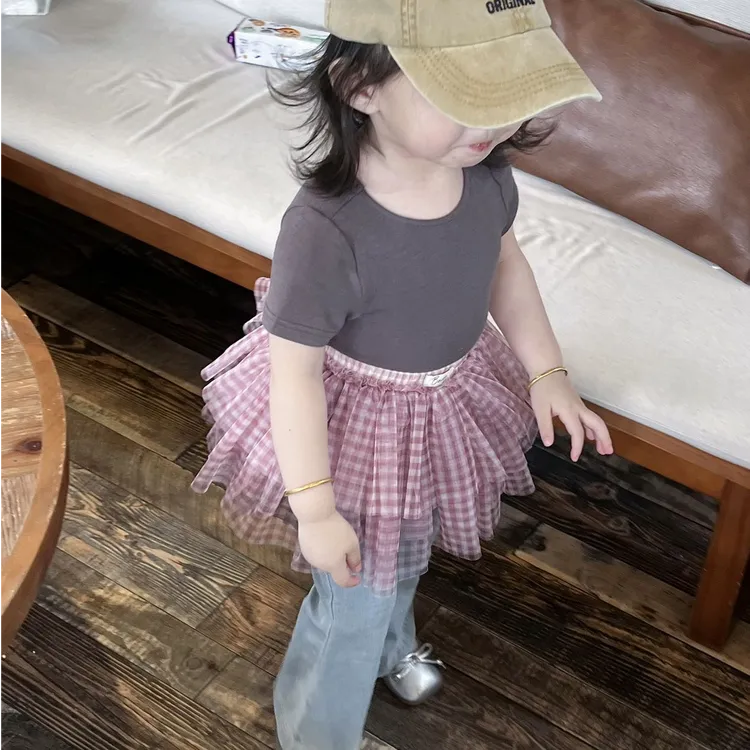 壹妈童装女宝洋气韩范2025年夏季新款百搭灰色T恤牛仔屁帘三件套