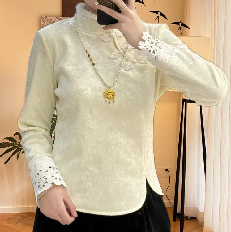 2025爆款纯色收腰显瘦甜美立领蕾丝打底衫长袖中国风盘扣长袖打底