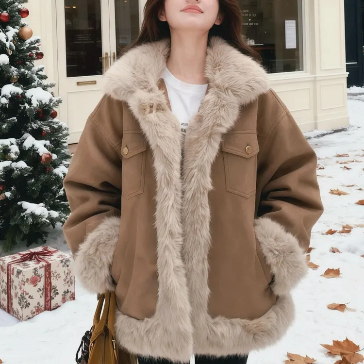 美拉德巨好看外套女2025冬季新款设计感小个子加绒加厚毛毛绒上衣