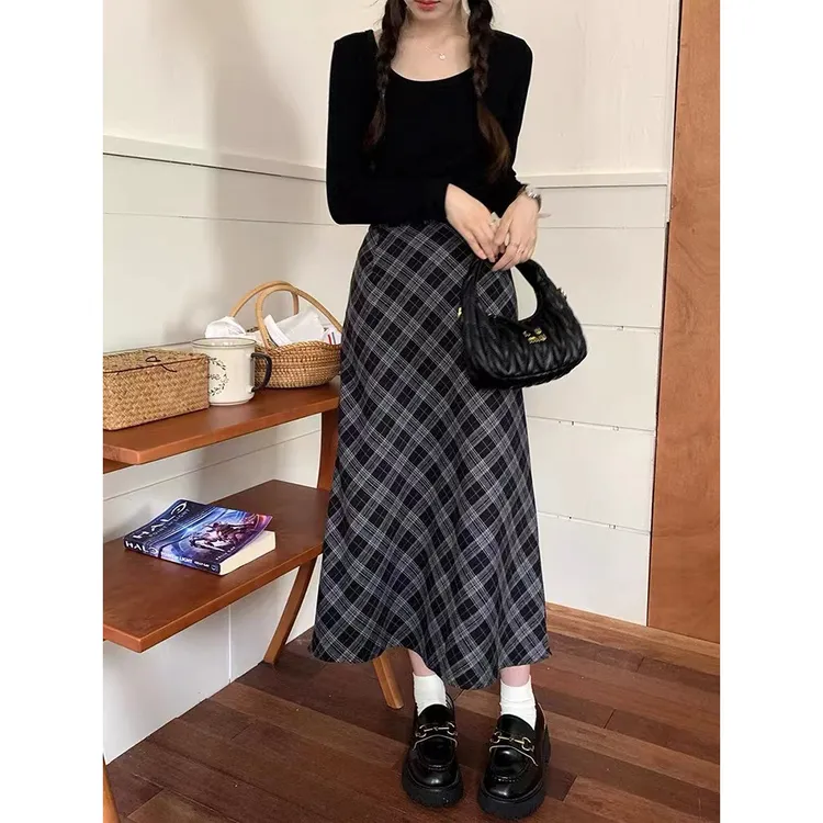 【我说它百搭你别不信】格子半身裙女高腰A字裙包臀格纹中长裙子