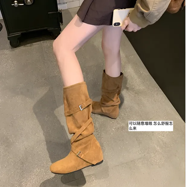 增高6cm~绒面圆头显瘦中筒靴女秋冬新款柔软褶皱长筒靴复古堆堆靴