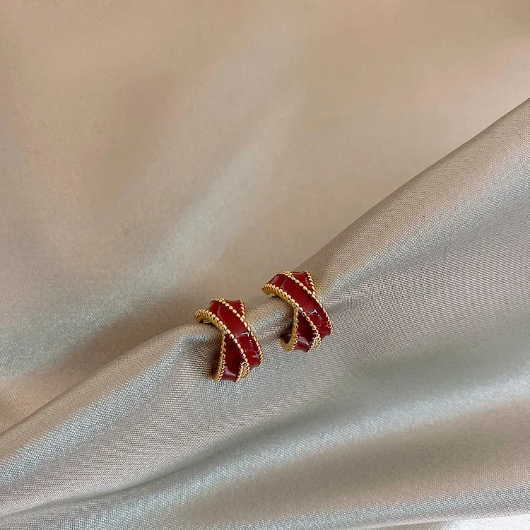 CK 合金耳饰 红色气质交叉耳钉女高级感2025新年耳环轻奢高级感