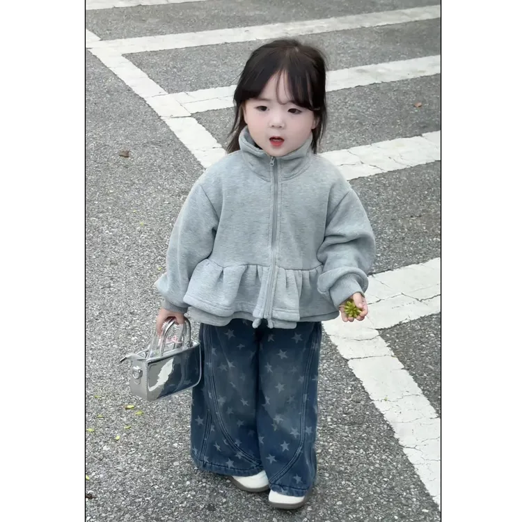 女童冬款套装韩版儿童加绒卫衣开衫拉链外套洋气百搭女宝宝牛仔裤