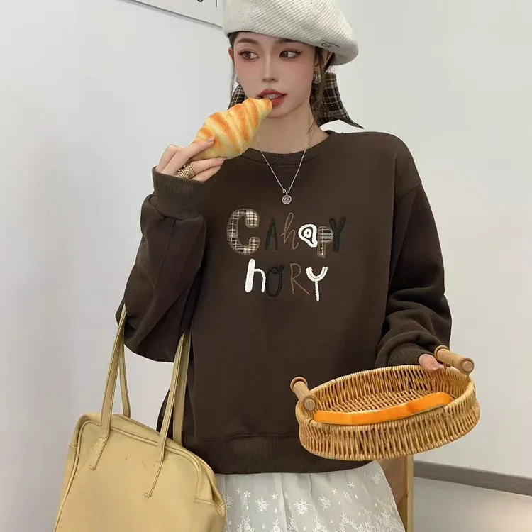 圆领韩版民族风老钱风卫衣INS风早秋印花长袖水洗