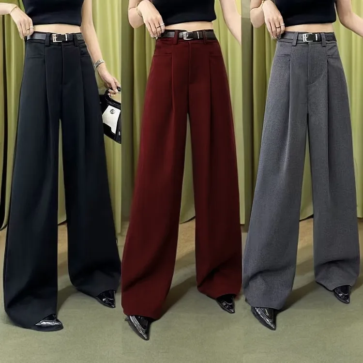 高级设计感黑色西装裤阔腿裤女秋季高腰宽松长裤垂感拖地直筒裤