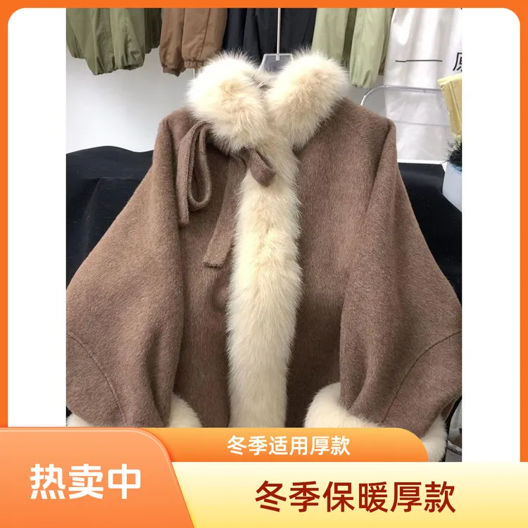 x【雪后初霁】日系高级感大衣冬季新款气质蝴蝶结系带毛绒拼接外套