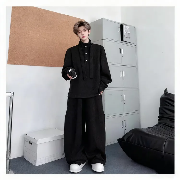 秋冬季新品小众设计慵懒风针织卫衣套装男宽松简约休闲长裤二件套