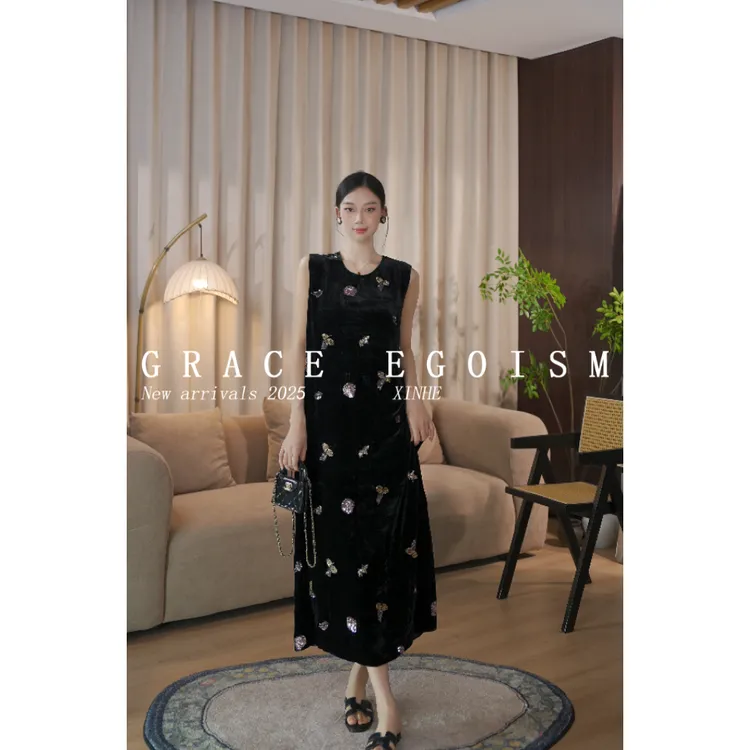 金禾【丝绒砚】清仓折扣国风真丝重工丝绒刺绣气质显瘦连衣裙3501