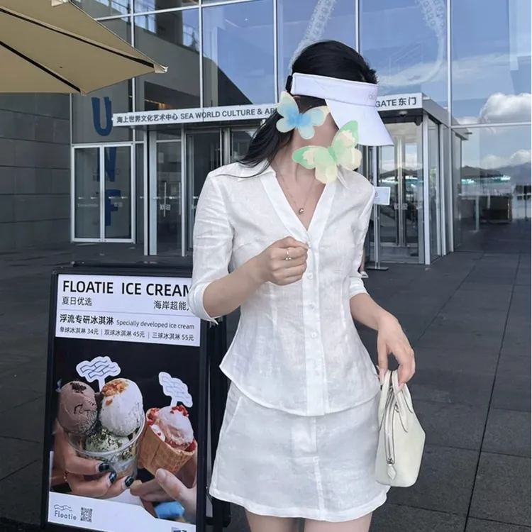 智性氧气感气质高质麻衬衫短裙套组休闲风时尚套装衬衫显瘦侘寂风